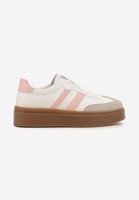 Renee - Biało-Różowe Sneakersy na Kauczukowej Podeszwie Ozdobione Paskami Nilimea. Okazja: na co dzień. Zapięcie: pasek. Kolor: biały. Materiał: kauczuk. Wzór: aplikacja #3