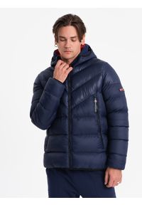Ombre Clothing - Nowoczesna pikowana męska kurtka z łączonych materiałów – granatowa V2 - Rozmiar: XXL. Typ kołnierza: kołnierzyk stójkowy. Kolor: niebieski. Materiał: materiał. Długość: długie #5
