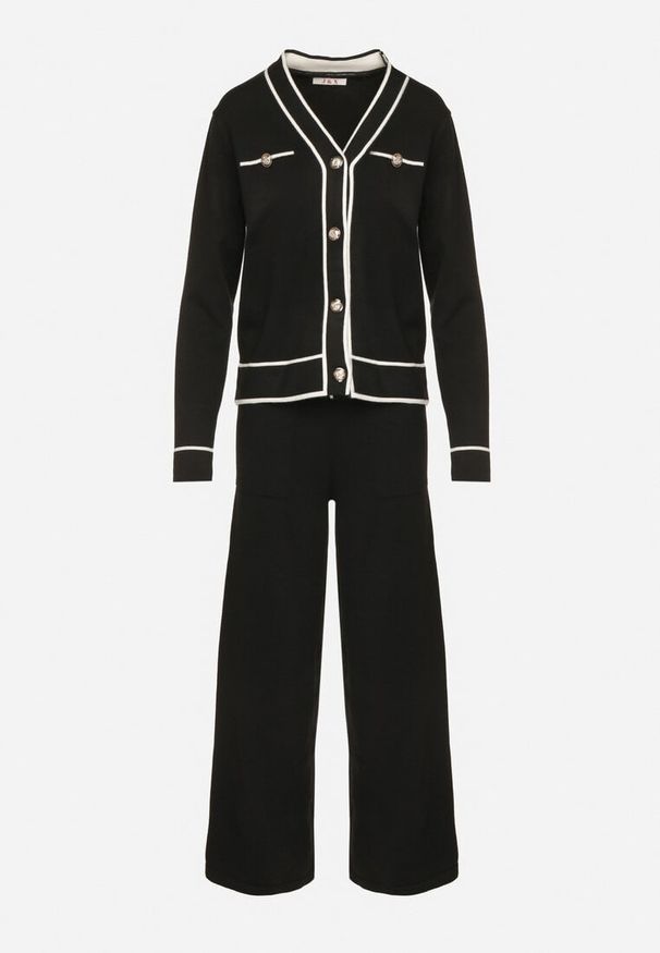 Born2be - Czarny Dzianinowy Komplet Szerokie Spodnie i Kardigan z Lamówkami Gioresa. Kolor: czarny. Materiał: dzianina. Wzór: gładki