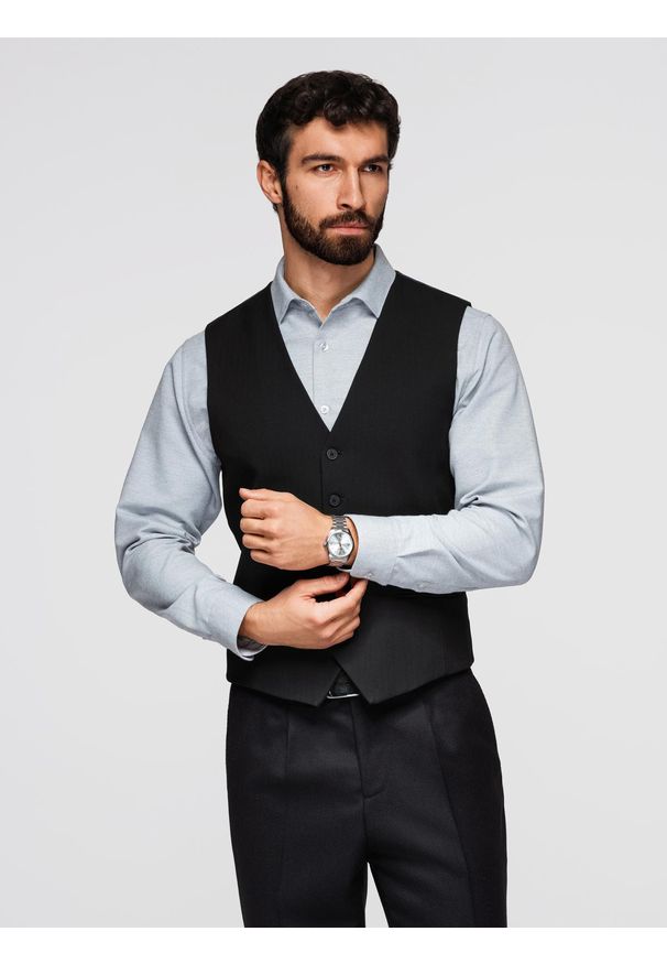 Ombre Clothing - Elegancka męska kamizelka w jodełkę SLIM FIT - czarna V3 - Rozmiar: XL. Okazja: na spotkanie biznesowe, do pracy, na co dzień. Typ kołnierza: golf. Kolor: czarny. Materiał: poliester, tkanina, elastan, wiskoza, materiał. Wzór: jodełka. Styl: elegancki