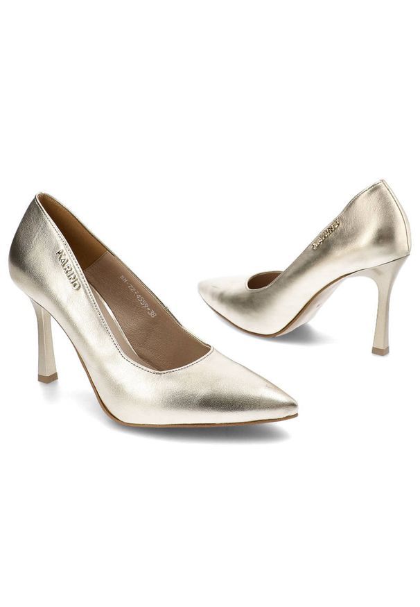 Złote Czółenka Karino Eleganckie Skórzane Buty. Kolor: złoty. Materiał: skóra. Szerokość cholewki: normalna. Sezon: lato. Obcas: na szpilce. Styl: elegancki