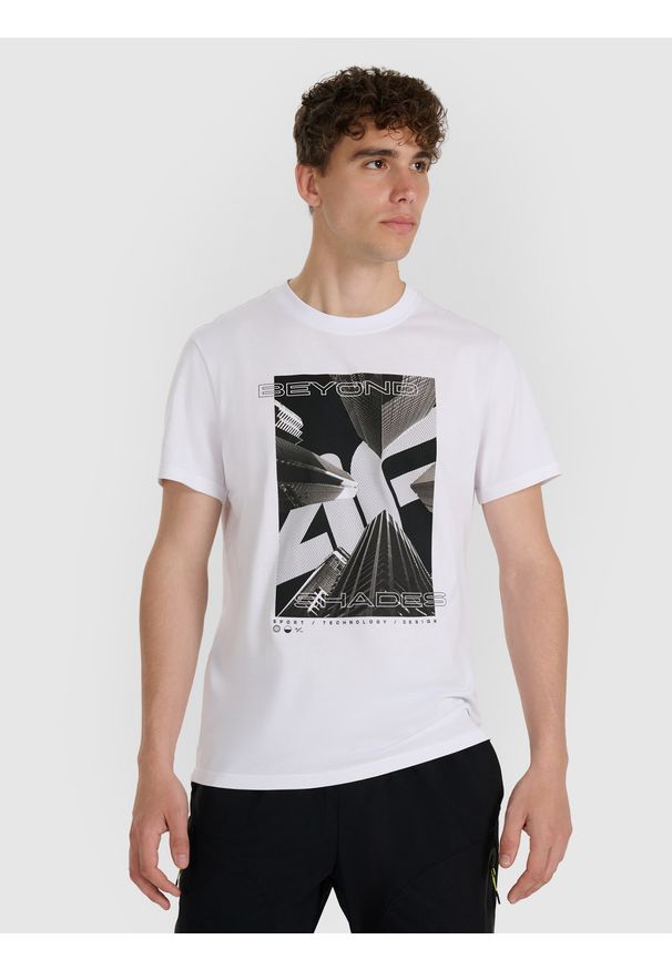 4f - 4F T-shirt regular z nadrukiem męski - biały L. Okazja: na co dzień. Kolor: biały. Materiał: materiał, bawełna. Wzór: nadruk. Styl: casual