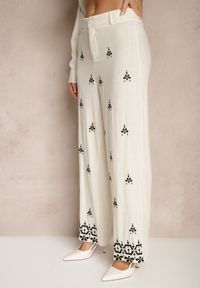 Renee - Biało-Czarne Spodnie z Wiskozą i Lnem High Waist o Szerokim Kroju z Haftami Olerina. Okazja: na spacer. Stan: podwyższony. Kolor: biały. Materiał: wiskoza, len. Wzór: haft. Sezon: lato. Styl: boho, elegancki #4