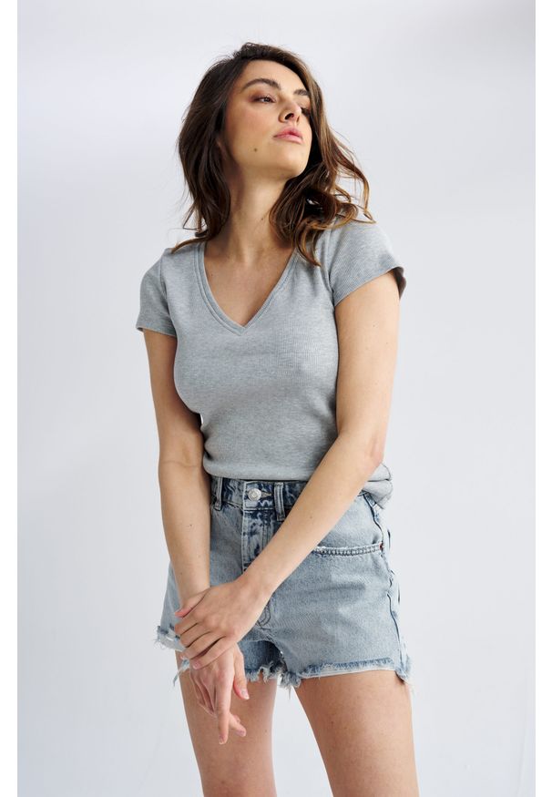 BLUZKA SARA JASNO SZARA KRÓTKI RĘKAW L - Flawless. Okazja: do pracy, na spotkanie biznesowe. Typ kołnierza: dekolt w serek. Kolor: szary. Materiał: dzianina, jeans, dresówka, prążkowany. Długość rękawa: krótki rękaw. Długość: krótkie. Styl: klasyczny, biznesowy