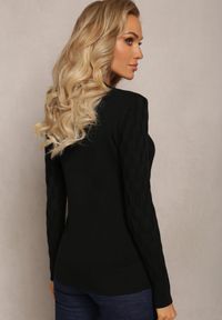 Renee - Czarny Sweter z Okrągłym Dekoltem i Tłoczeniami w Kształcie Liści Timaphone. Okazja: na co dzień. Kolor: czarny. Wzór: aplikacja. Styl: klasyczny, casual
