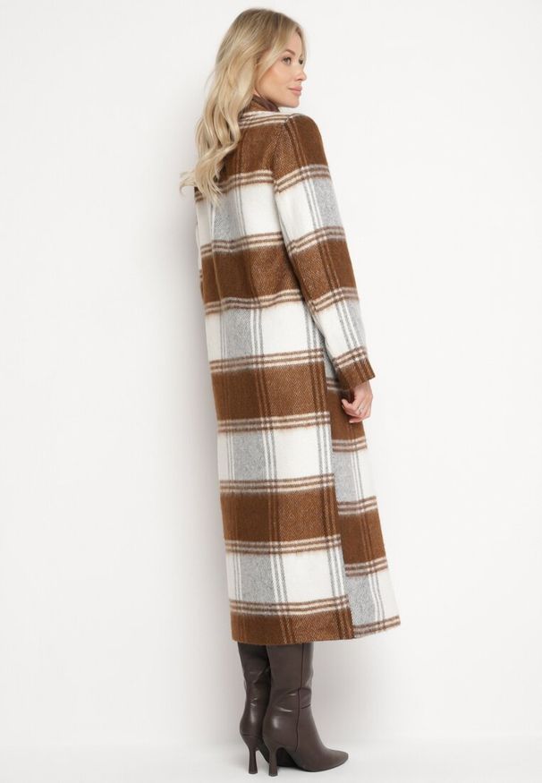 Born2be - Brązowy Płaszcz w Kratę Bez Zapięć ze Wsuwanymi Kieszeniami Fibolie. Okazja: na co dzień. Kolor: brązowy. Materiał: jeans. Styl: elegancki, casual