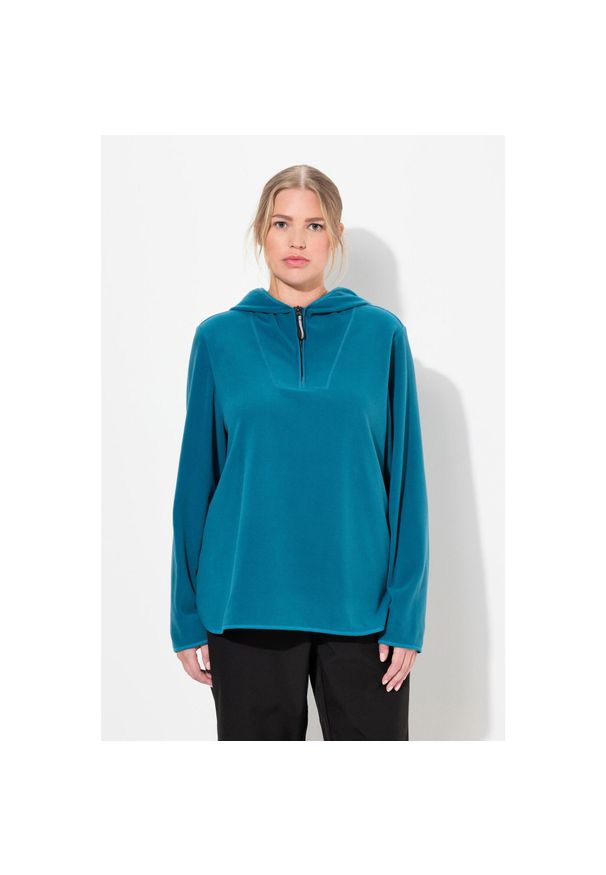 ULLA POPKEN - Damskie Polarowy półgolf krótki oversize kaptur długi rękaw z recyklingu. Kolekcja: plus size. Kolor: wielokolorowy, niebieski, zielony. Materiał: poliester, materiał. Długość rękawa: długi rękaw. Długość: krótkie