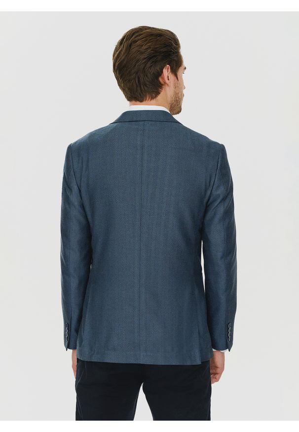 Pako Lorente - PAKO LORENTE – Granatowa marynarka męska bez podszewki. Okazja: na co dzień. Kolor: niebieski. Materiał: jeans. Wzór: paski. Styl: casual, sportowy