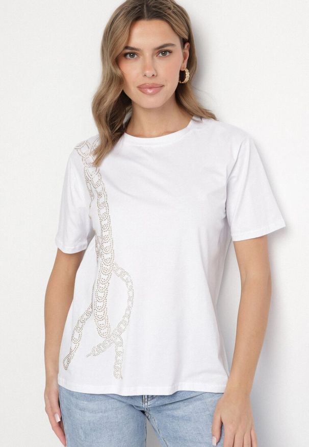 Born2be - Biały T-shirt Bawełniany z Cyrkoniami Felnella. Okazja: na co dzień. Kolor: biały. Materiał: bawełna. Styl: elegancki, casual