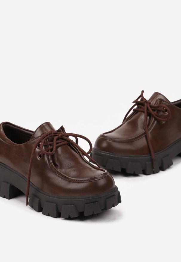 Renee - Brązowe Półbuty w Stylu Grunge na Platformie ze Sznurowaniem Erinaes. Kolor: brązowy. Materiał: jeans. Obcas: na platformie. Styl: klasyczny, elegancki, rockowy. Wysokość obcasa: średni