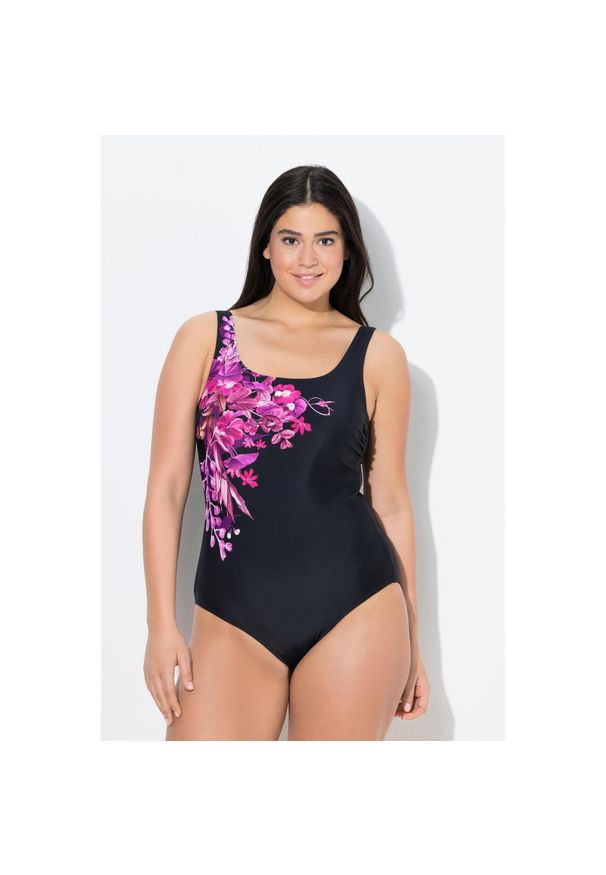 ULLA POPKEN - Damskie Kostium kąpielowy kwiaty bez miękkich miseczek okrągły dekolt. Kolekcja: plus size. Kolor: czarny. Materiał: poliamid, materiał, elastan. Wzór: kwiaty