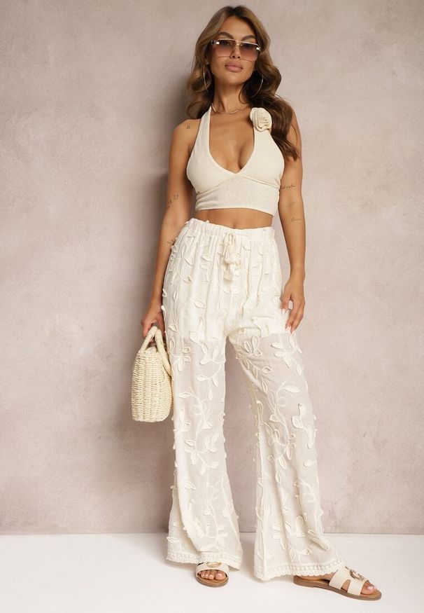 Renee - Beżowe Spodnie High Waist o Ażurowym Wykończeniu z Gumką w Talii Gralefia. Stan: podwyższony. Kolor: beżowy. Wzór: ażurowy