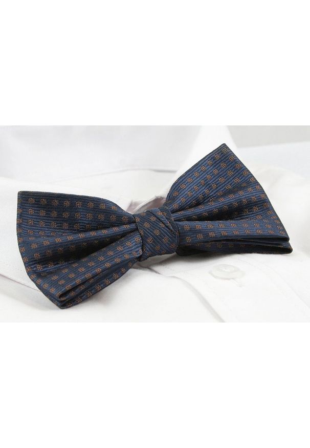 ZESTAW - Mucha z Poszetką Chattier - Granatowa, Brązowe Grochy. Kolor: niebieski. Wzór: grochy. Styl: sportowy, elegancki