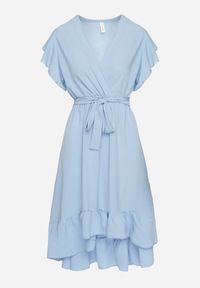 Born2be - Jasnoniebieska Rozkloszowana Sukienka Ozdobiona Falbanką i Paskiem Natiellea. Okazja: na co dzień. Typ kołnierza: kołnierz z falbankami. Kolor: niebieski. Wzór: aplikacja. Styl: casual #7