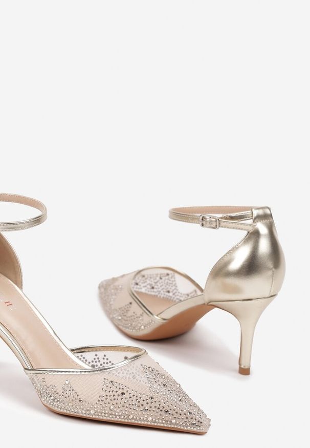 Renee - Złote Czółenka na Szpilce z Cyrkoniami Zapinane Wokół Kostki Getinas. Okazja: na co dzień, na imprezę. Kolor: złoty. Materiał: jeans. Wzór: aplikacja. Obcas: na szpilce. Styl: wizytowy, klasyczny, casual