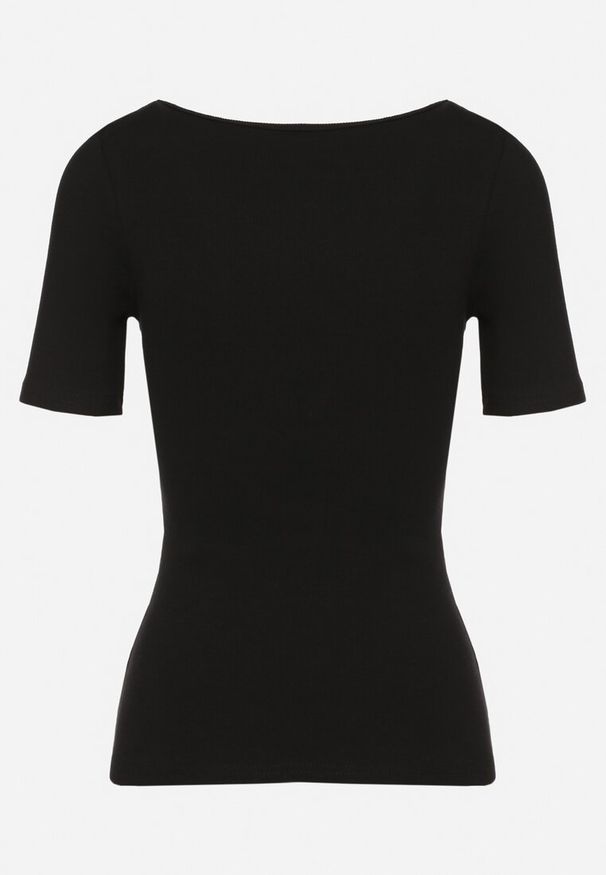 Born2be - Czarny Prążkowany T-shirt z Bawełny Ozdobiony Guzikami Tasavia. Okazja: na co dzień. Kolor: czarny. Materiał: bawełna, prążkowany. Wzór: aplikacja. Styl: klasyczny, elegancki, casual