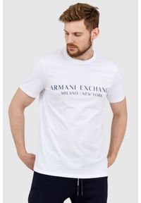 Armani Exchange - ARMANI EXCHANGE Biały t-shirt męski z aplikacją z logo. Kolor: biały. Materiał: prążkowany. Wzór: aplikacja #1