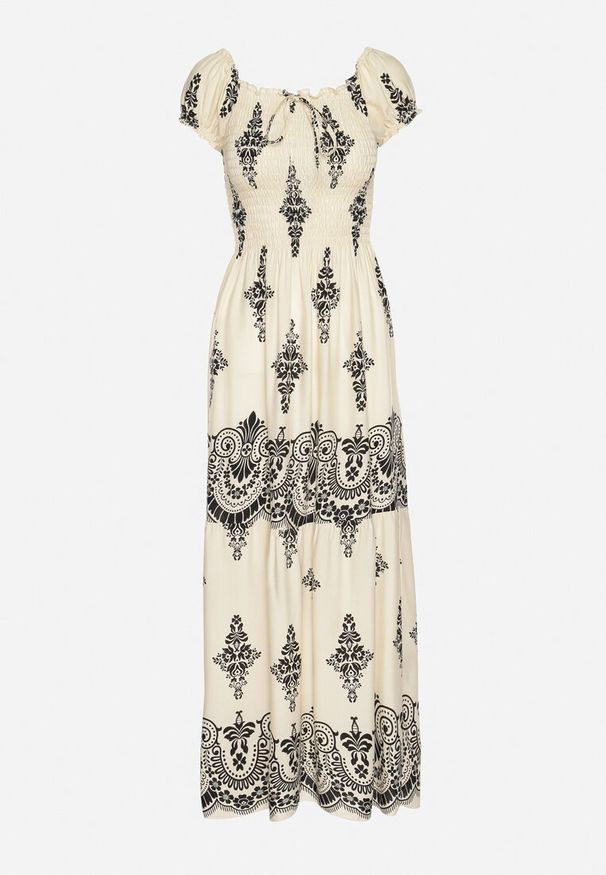 Born2be - Beżowa Wiskozowa Sukienka z Marszczoną Góra i Wzorem Boho Ellifae. Okazja: na co dzień. Kolor: beżowy. Materiał: wiskoza. Wzór: aplikacja. Styl: boho