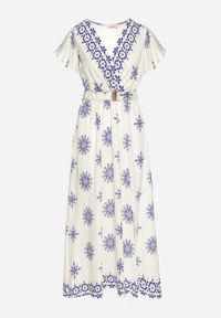 Born2be - Niebieska Sukienka w Ornamentalny Wzór z Elastycznym Paskiem Tosvanna. Okazja: na co dzień. Kolor: niebieski. Długość rękawa: krótki rękaw. Wzór: aplikacja. Typ sukienki: kopertowe, proste. Styl: klasyczny, casual, elegancki #5