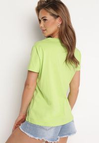 Born2be - Jasnozielony Bawełniany T-shirt z Nadrukiem i Cyrkoniami Cignelia. Kolor: zielony. Materiał: bawełna. Wzór: nadruk #3