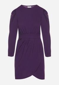 Born2be - Fioletowa Sukienka z Marszczeniem i Bufiastymi Rękawami Redenia. Kolor: fioletowy. Styl: klasyczny, elegancki #5