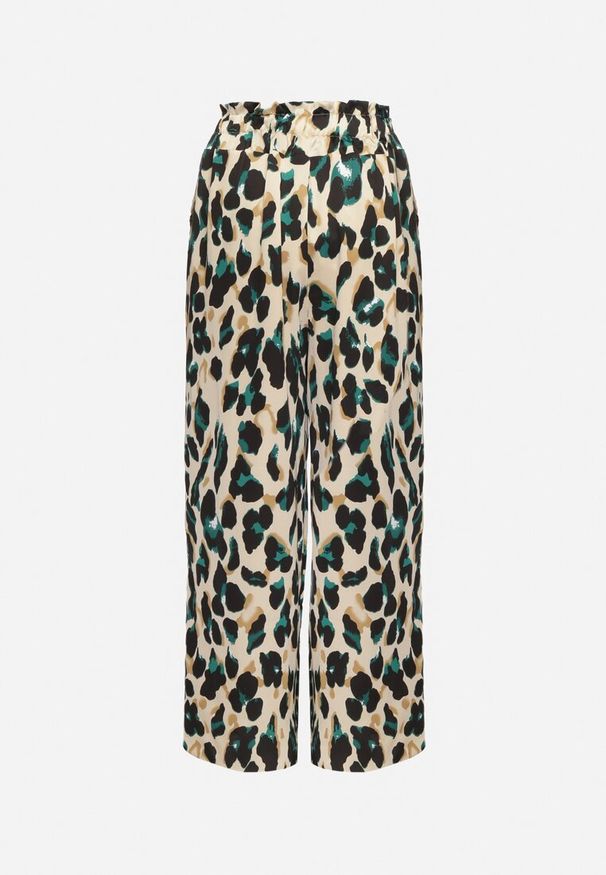 Born2be - Beżowo-Zielone Szerokie Spodnie w Panterkę z Wysokim Stanem Salathia. Okazja: na co dzień. Stan: podwyższony. Kolor: beżowy. Wzór: motyw zwierzęcy. Styl: casual, klasyczny