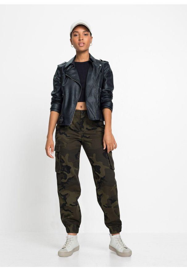 bonprix - Spodnie bojówki z czystej bawełny. Kolor: zielony. Materiał: bawełna. Wzór: moro