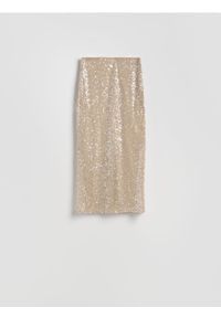 Reserved - Cekinowa spódnica midi - kremowy. Kolor: kremowy. Materiał: dzianina #1