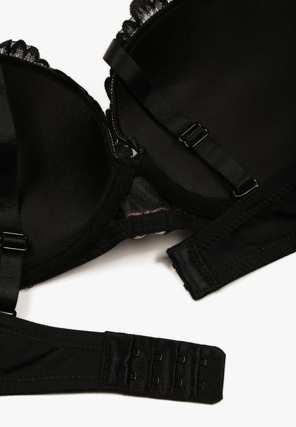 Born2be - Czarno-Beżowy Biustonosz z Ozdobną Koronką i Metaliczną Ozdobą Terzedi. Kolor: czarny. Materiał: koronka. Rodzaj stanika: odpinane ramiączka. Wzór: aplikacja, koronka