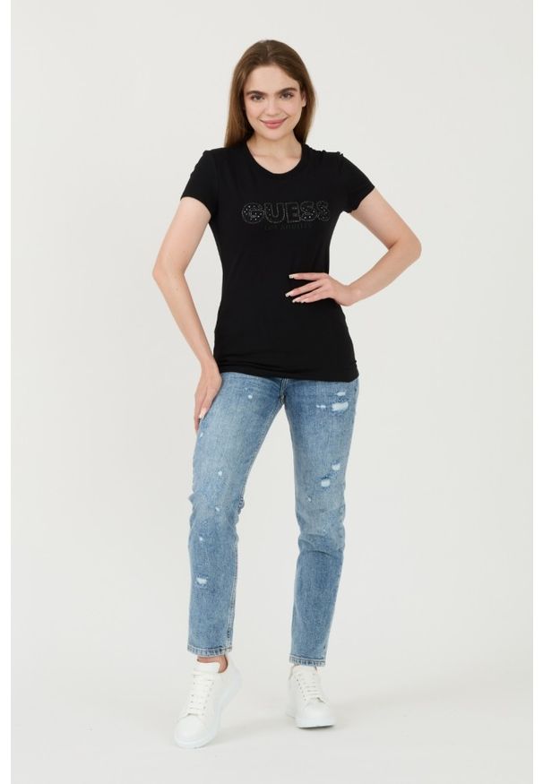 Guess - GUESS Czarny damski t-shirt Sangallo Tee, Rozmiar M. Kolor: czarny