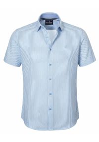 Weekendowa Koszula Męska, Taliowany Krój - Pako Jeans - Błękit w Prążek. Okazja: na co dzień. Kolor: niebieski. Materiał: wiskoza, bawełna. Wzór: paski. Styl: casual #2