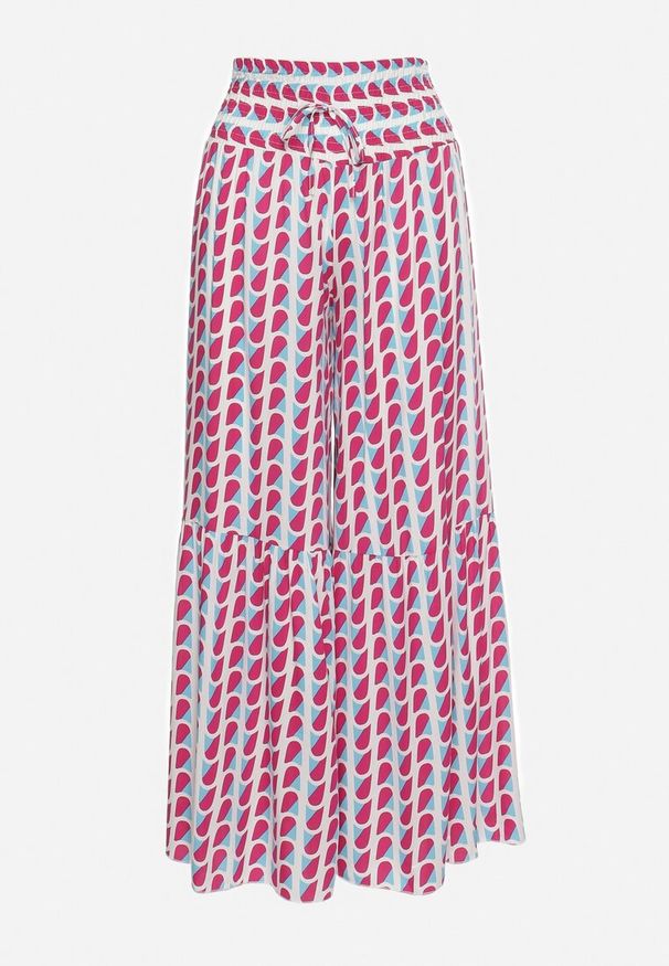 Born2be - Fuksjowo-Białe Wiskozowe Spodnie Palazzo z Gumką w Pasie i Wysokim Stanem Tiimabell. Okazja: na co dzień. Stan: podwyższony. Kolor: różowy. Materiał: wiskoza. Styl: casual, elegancki