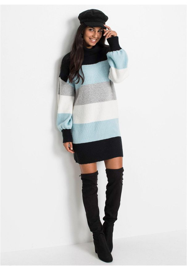 bonprix - Długi sweter. Typ kołnierza: golf. Kolor: czarny. Długość: długie. Wzór: paski