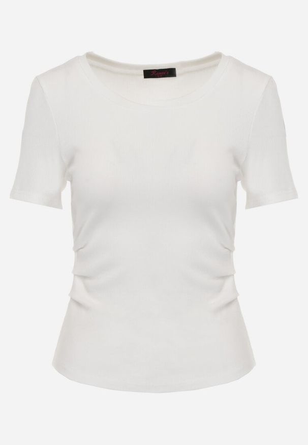 Renee - Biały T-shirt w Prążki z Marszczeniami po Bokach Nedala. Okazja: na co dzień. Kolor: biały. Wzór: prążki. Styl: casual, elegancki