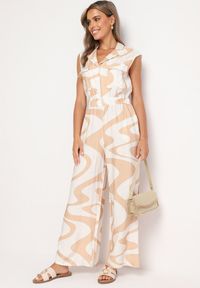 Born2be - Beżowy Długi Kombinezon z Gumką w Pasie w Geometryczny Wzór z Wiskozą Orivia. Okazja: na co dzień. Kolor: beżowy. Materiał: wiskoza. Długość: długie. Wzór: geometria. Styl: casual, klasyczny #7