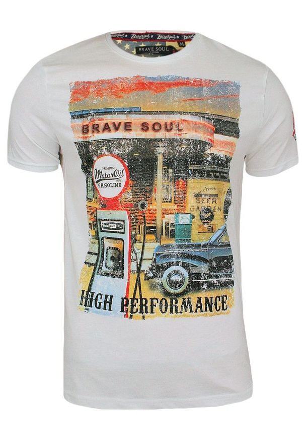 T-Shirt męski (koszulka) - Brave Soul - Biała, Stara Stacja Benzynowa. Okazja: na co dzień. Kolor: biały. Materiał: bawełna. Wzór: nadruk. Styl: retro
