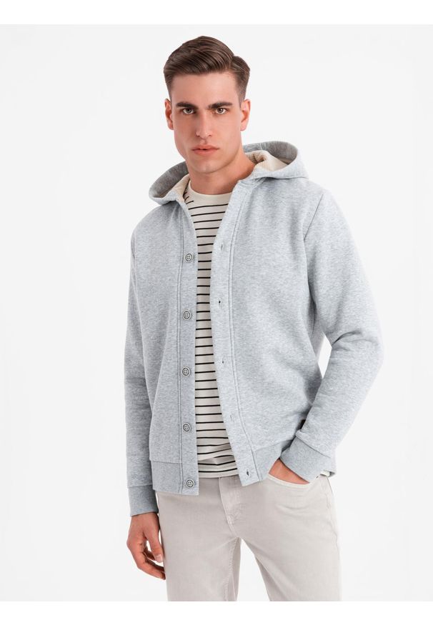 Ombre Clothing - Męska dresowa bluza z kapturem zapinana na guziki – szary melanż V2. Typ kołnierza: kaptur. Kolor: szary. Materiał: dresówka. Wzór: melanż. Styl: elegancki