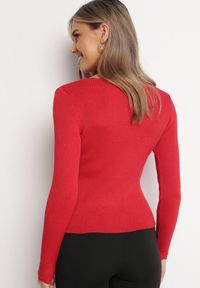 Born2be - Czerwony Sweter z Prążkowanej Dzianiny z Metaliczną Nitką Hirella. Kolor: czerwony. Materiał: dzianina, prążkowany. Styl: klasyczny #3