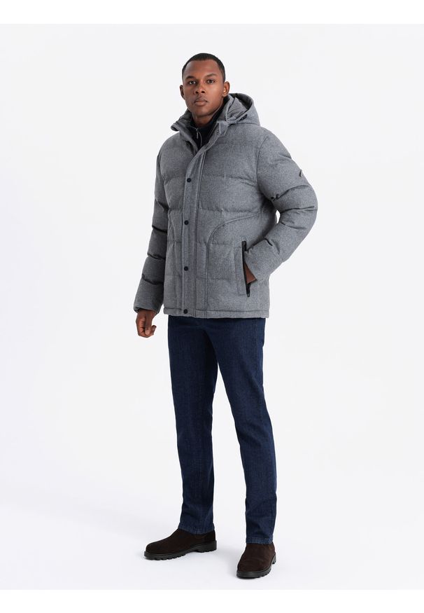 Ombre Clothing - Casualowa kurtka męska puffer z wełną – szary melanż V1 - Rozmiar: L. Okazja: na co dzień. Typ kołnierza: kołnierzyk stójkowy. Kolor: szary. Materiał: wełna. Długość: długie. Wzór: melanż. Styl: casual