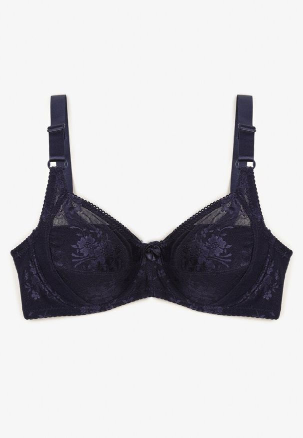 Renee - Granatowy Koronkowy Biustonosz Zapinany na Haftki z Regulowanymi Ramiączkami Dimiasha. Kolor: niebieski. Materiał: koronka