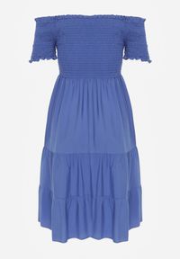 Renee - Niebieska Letnia Sukienka z Bawełny o Fasonie Hiszpanki z Rozkloszowanymi Falbanami Lorania. Okazja: na co dzień. Typ kołnierza: dekolt hiszpanka. Kolor: niebieski. Materiał: bawełna. Wzór: aplikacja. Sezon: lato. Styl: casual, elegancki #8