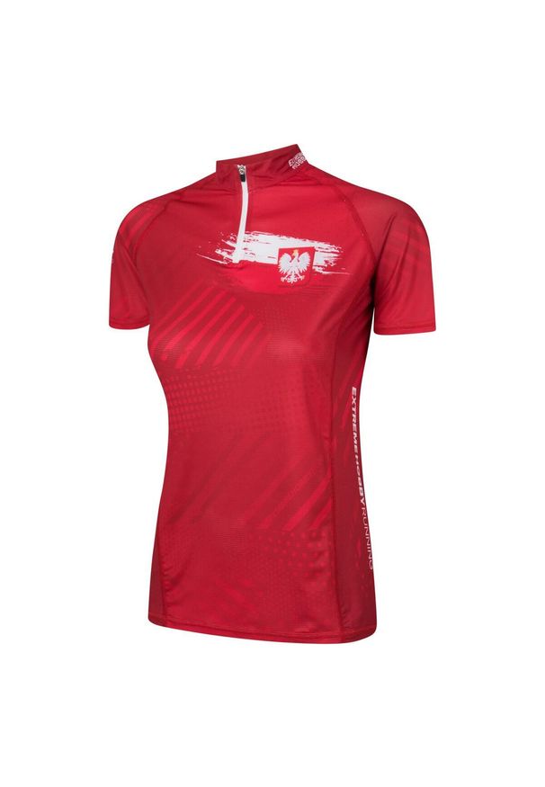 Koszulka biegowa damska z zamkiem i krótkim rękawem EXTREME HOBBY POLSKA PRIME. Kolor: czerwony. Materiał: elastan, poliester. Długość rękawa: krótki rękaw. Długość: krótkie. Sport: bieganie, kolarstwo