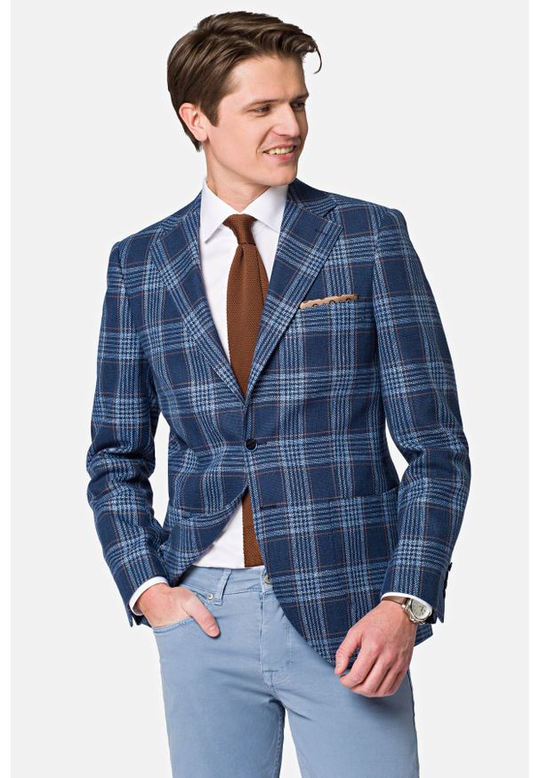 Lancerto - Marynarka Granatowa w Kratę Piccadilly. Kolor: niebieski. Materiał: bawełna, len, tkanina. Styl: klasyczny, elegancki