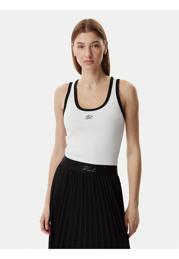 Karl Lagerfeld - KARL LAGERFELD Top B2W17003 Biały Slim Fit. Typ kołnierza: dekolt w karo. Kolor: biały. Materiał: bawełna