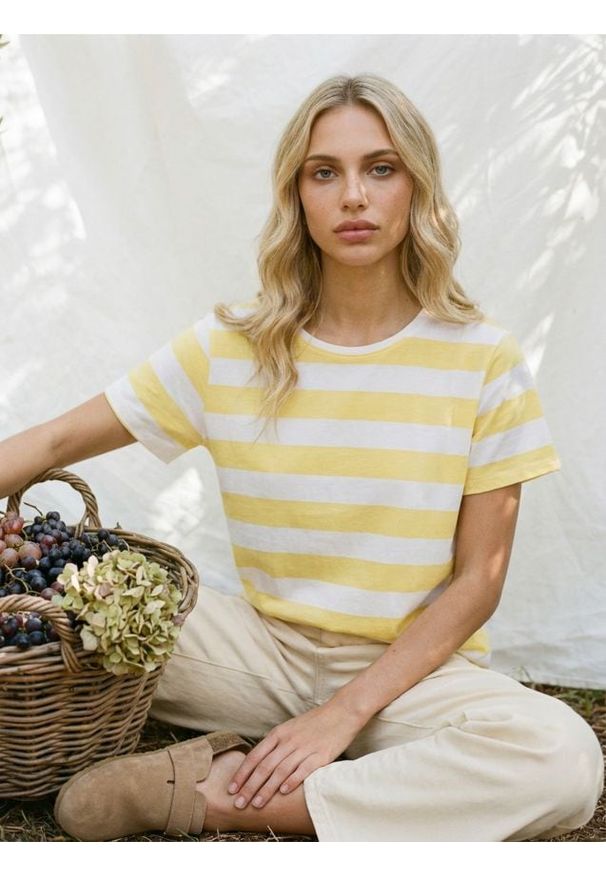 Sinsay - Bawełniana koszulka w paski - yellow jeans. Materiał: bawełna, jeans. Wzór: paski