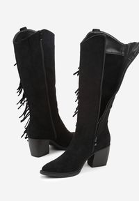 Renee - Czarne Kozaki Kowbojki na Stożku Zdobione Frędzlami Nucca. Kolor: czarny. Materiał: zamsz. Wzór: aplikacja. Obcas: na stożku. Styl: boho. Wysokość obcasa: średni #4