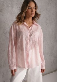 Renee - Różowa Koszula Oversize z Tencelu w Paski z Haftowanym Wzorem Tidore. Okazja: na co dzień. Kolor: różowy. Materiał: poliester, materiał, jeans. Wzór: haft, paski. Styl: casual, elegancki #7