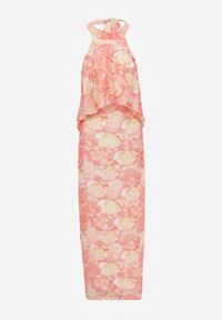 Renee - Pomarańczowa Sukienka z Dekoltem Halter i Odkrytymi Plecami w Kwiatowy Print Harmanie. Okazja: na randkę, na imprezę. Typ kołnierza: dekolt halter. Kolor: pomarańczowy. Materiał: poliester. Wzór: kwiaty, nadruk. Sezon: lato #2