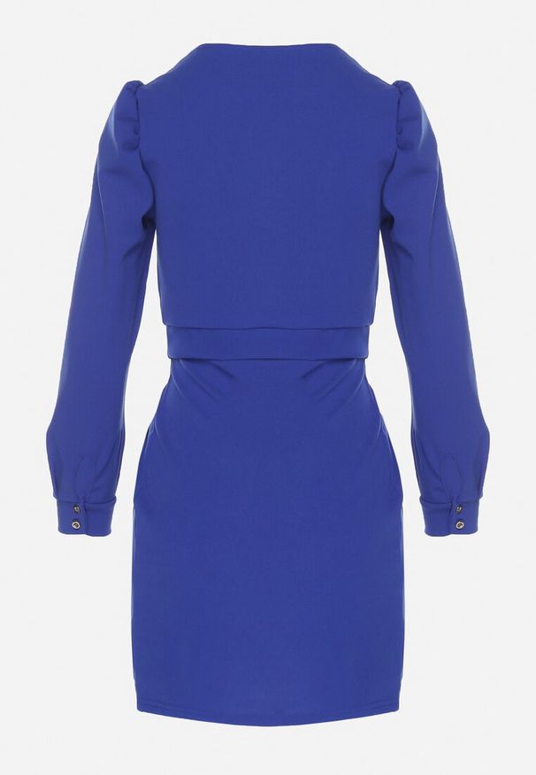 Born2be - Niebieska Sukienka z Marszczeniem i Bufiastymi Rękawami Redenia. Kolor: niebieski. Styl: klasyczny, elegancki