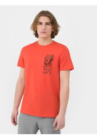 4f - T-shirt regular z bawełny organicznej męski. Kolor: czerwony. Materiał: bawełna. Wzór: nadruk #1
